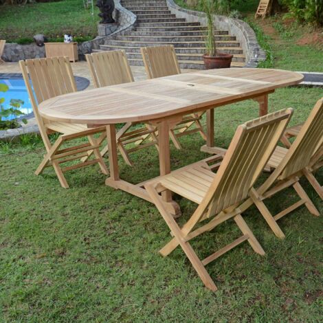 Teck'Attitude – Salon de jardin en teck massif Toga – Table ovale extensible 160/240 x 90 cm – 6 chaises pliantes confortables – Résistant aux intempéries (1/5)