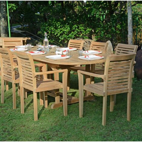 Teck'Attitude – Salon de jardin en teck massif extensible 160/240 cm – 8 fauteuils Samoa empilables – Résistant aux intempéries – FSC certifié (1/5)