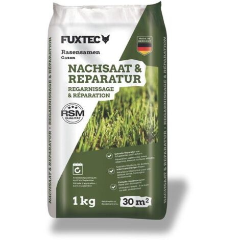 FUXTEC semi prato FX-RSNR1 – risemina 1kg per 30m² – Made in Germany – miscuglio di erba a rapida germinazione per rinfoltire e riparare il prato – resistente dall’inizio primavera all’autunno