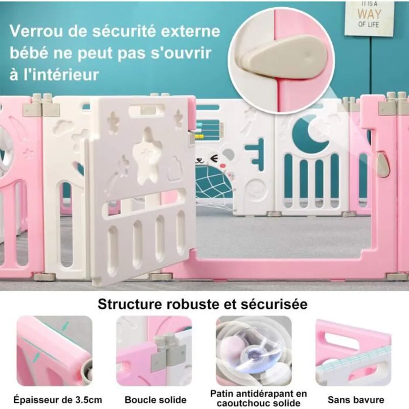 Parc bébé en plastique 14 panneaux - Clôture pliante de protection bébé XXL  - Gris et blanc