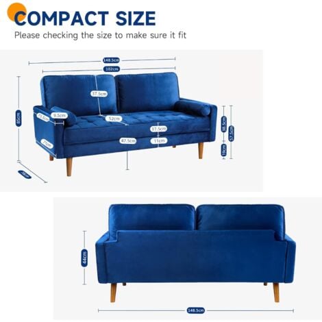 Canapé 2 Places en Velours Moderne,Canapé à Bras Roulés,Loveseat Salon avec Accoudoirs,148L x 78l x 85H cm,Bleu