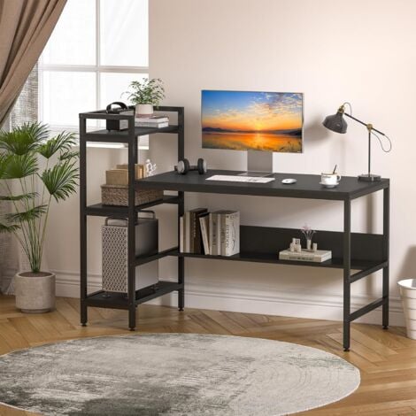 Bureau Informatique avec Etagères de Rangement,Dripex Bureau d'Ordinateur en Bois pour Chambre Salon 136 x 60 x 111cm,Noir