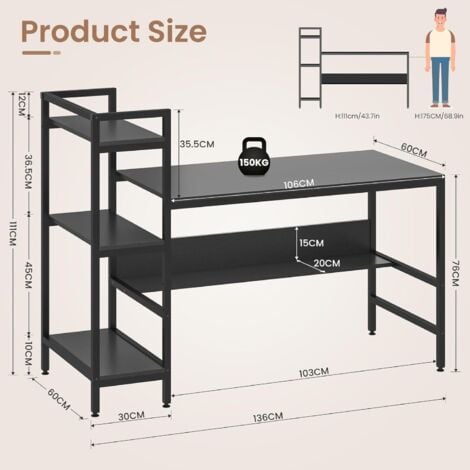 Bureau Informatique avec Etagères de Rangement,Dripex Bureau d'Ordinateur en Bois pour Chambre Salon 136 x 60 x 111cm,Noir