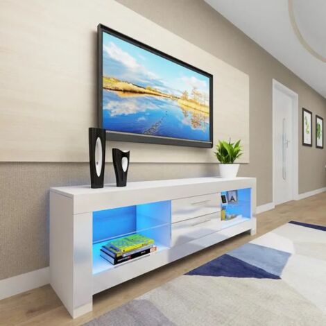 Meuble TV Moderne Blanc avec LED Lumineuse - Etagère en verre 2
