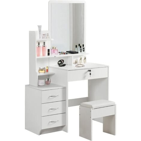Dripex Coiffeuse, miroir, 3 tiroirs, 1 tabouret, 4 etagères de rangement 87 x 40 x 144 cm, blanc
