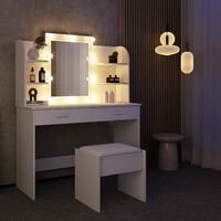NOUVEAU Coiffeuse - avec Miroir LED et Tabouret, Moderne, 2 Tiroirs, 6 etag¨¨res, 108*40*142cm Blanc - BLANC