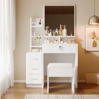 Dripex Coiffeuse, miroir, 3 tiroirs, 1 tabouret, 4 etagères de rangement 87 x 40 x 144 cm, blanc