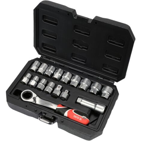 YATO Durchsteck Steckschlüsselsatz Knarrenkasten 1/2" 3/8" Ratschenkasten Nusskasten KFZ Auto Werkzeug Set 17 Tlg. (1/5)