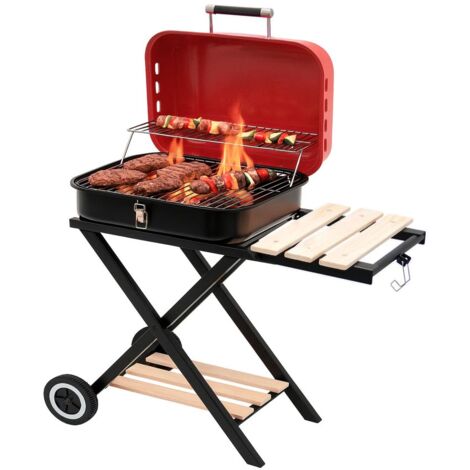 Mobiler Holzkohlegrill klappbar  BBQ Grillwagen mit Deckel, verchromtem Grillrost & Warmhalterost  Campinggrill mit Holzablagen & Rollen  Kompakter Klappgrill für Garten & Balkon (1/5)