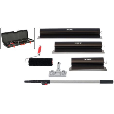 YATO Spachtelset 6 tlg Profi Flächenspachtel aus Edelstahl & Aluminium 400/600/800 mm inkl. Teleskopstiel, Roller & Koffer