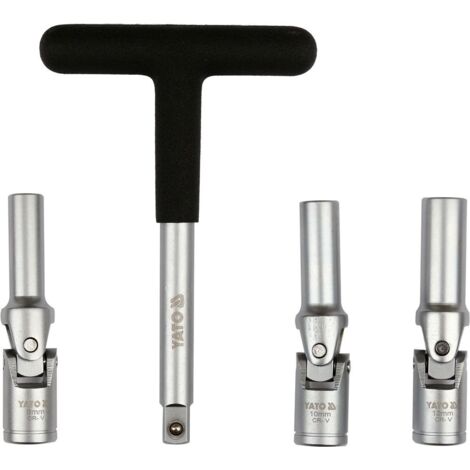 Yato Schraubenschlüsselsatz YT-05347 für Glühkerzen  4-tlg. 3/8" CrV Steckschlüssel mit Kardangelenk & T-Schlüssel  Universalgelenk, schwer zugängliche Stellen