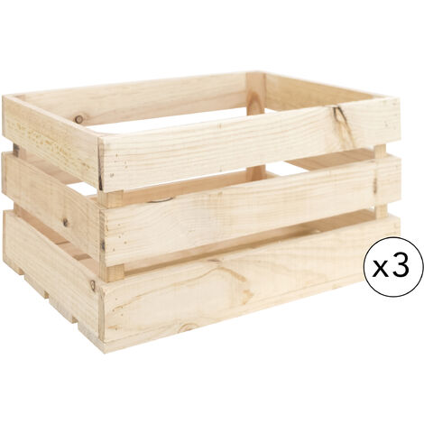 Pack de 3 cajas de madera maciza en tono natural de 49x30,5x25,5cm