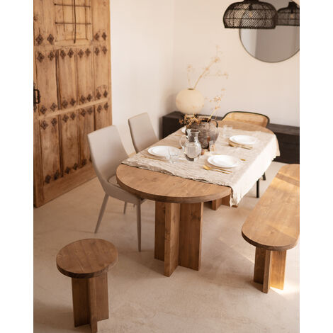 Mesa de comedor redonda de estilo nórdico con pies de roble macizo en  acabado natural y sobre de DM lacado blanco mate.
