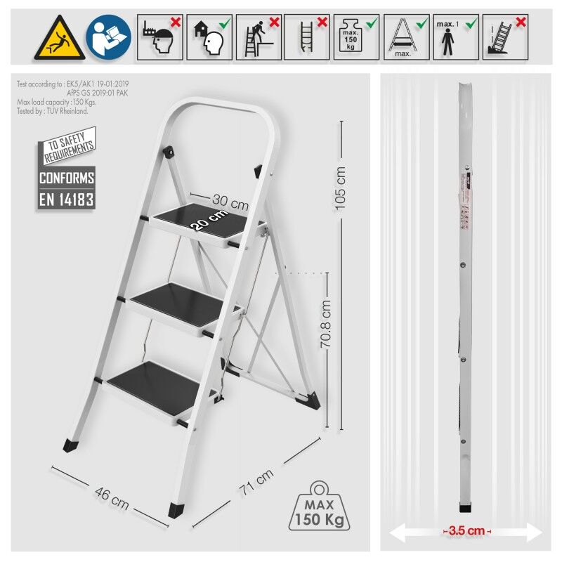 GameGem Escabeau pliable à 2 marches avec large pédale antidérapante, matériau en aluminium, léger mais robuste, charge de 150 kg, aspect moderne mignon pour les espaces domestiques intérieurs, blanc