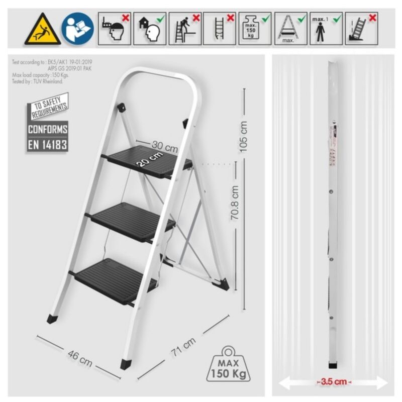 Escabeau Marches Pliant Echelle Marchepied antidérapant Escabeau Ménager en  Fer 150kg capacité Hauteur 108CM Blanc Noir 3 Marches - Costway