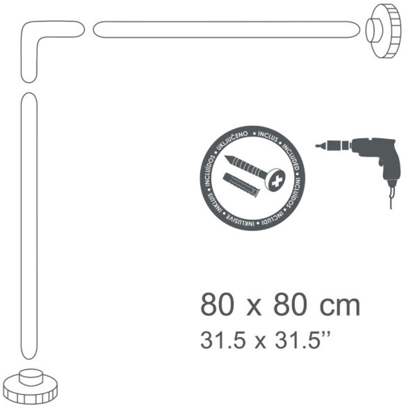 Barre Tringle Rideau Douche Angle 80x80x80cm Blanche - Fixation Plafond/Mural Avec Anneaux