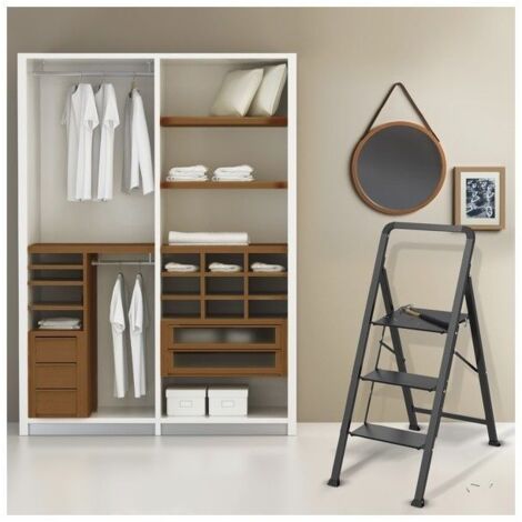 Echelle 3 marches en bois de hêtre naturel, pliable et antidérapant, portée 150 kg, échelle peu encombrante pour cuisine, armoire et maison, 38 x 65 x 66 cm, fabriquée en Italie