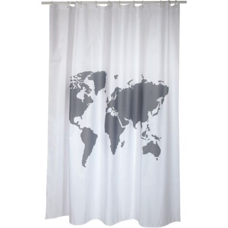 Rideau de douche Polyester WORLD 180x200cm QUALITE PREMIUM Gris & Blanc - Anneaux inclus MSV (1/3)