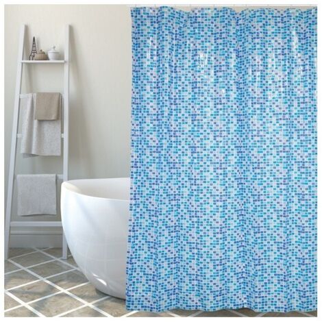 Rideau de douche PVC MOSAIQUE 180x200cm Bleu - Anneaux inclus MSV (1/3)