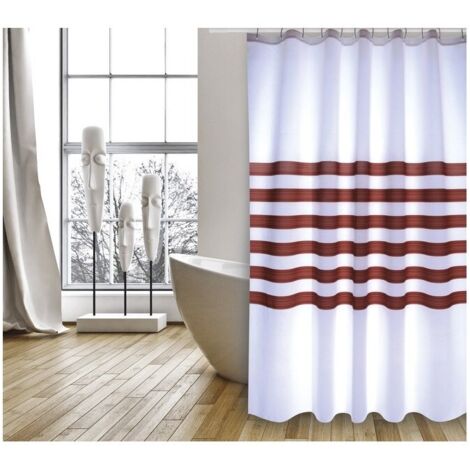 Rideau de douche Polyester RAYAS 180x200cm QUALITE PREMIUM Blanc & Marron - Anneaux inclus MSV