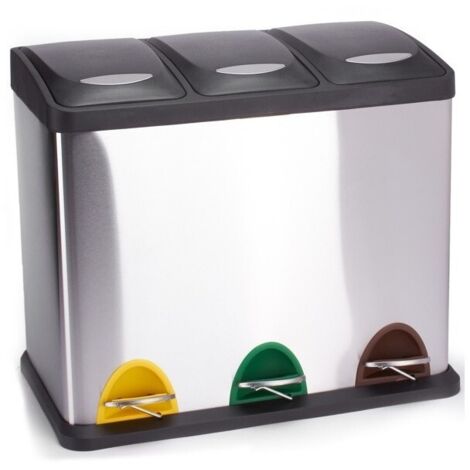 MSV – Poubelle tri sélectif inox 3 compartiments 24L – Dimensions 46x26,5x39,5 cm – Pédales antidérapantes pour ouverture facile