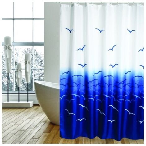 Rideau de douche Polyester 180x200cm Mouettes Bleu & Blanc - Anneaux inclus MSV