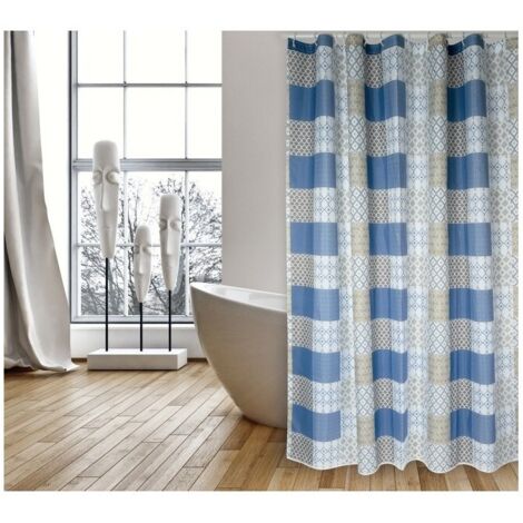 Rideau de douche Polyester CERAMIQUE 180x200cm QUALITE PREMIUM Bleu - Anneaux inclus MSV