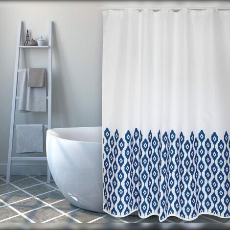Rideau de douche Polyester IKAT 180x200cm QUALITE PREMIUM Bleu & Blanc MSV