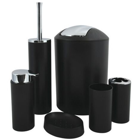 MSV – Ensemble de 6 accessoires de salle de bain en polypropylène – Noir mat – Gobelet, distributeur, porte savon, porte brosse, brosse WC, poubelle 6L (1/5)