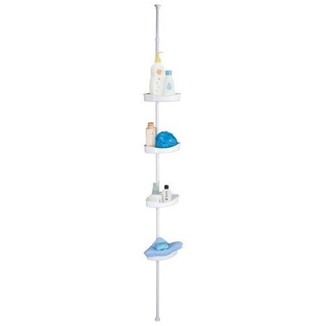 MSV – Étagère de douche d'angle auto-portée 125-245cm – Acier blanc – Sans perçage – 4 tablettes ajustables pour rangement efficace