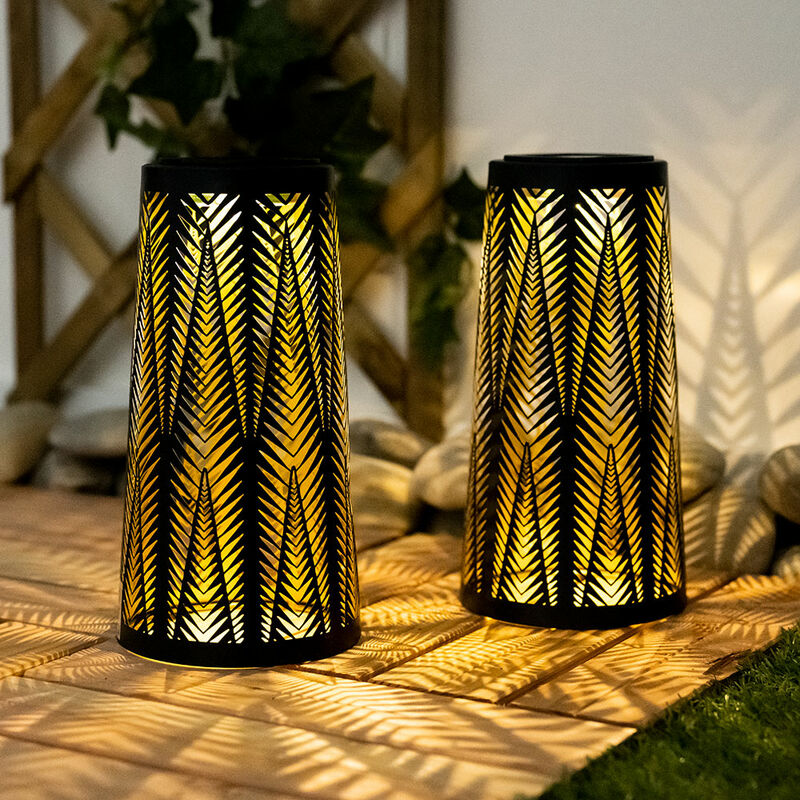 Mesa de lámpara solar exterior Mesa de luz solar para exterior Linterna solar balcón negro, columna con efecto de luz, interior dorado, 1x LED blanco cálido, H 24,5 cm, juego de 2