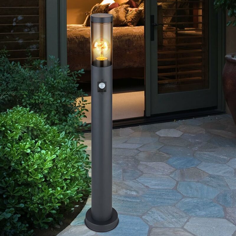 Luz de camino, detector de movimiento, lámpara de pie, pedestal, exterior, lámparas de jardín, antracita IP44, balcón, acero inoxidable color humo, 1x casquillo E27, DxH 7,6x80cm