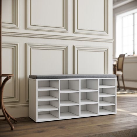 SIRHONA Banqueta de Zapatos con Cojín,Banco Zapatero Entrado Recibidor con Asiento 103.5x30x48cm,Blanco,con Compartimentos Ajustables
