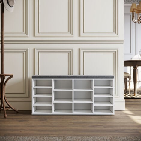 SIRHONA Banqueta de Zapatos con Cojín,Banco Zapatero Entrado Recibidor con Asiento 103.5x30x48cm,Blanco,con Compartimentos Ajustables