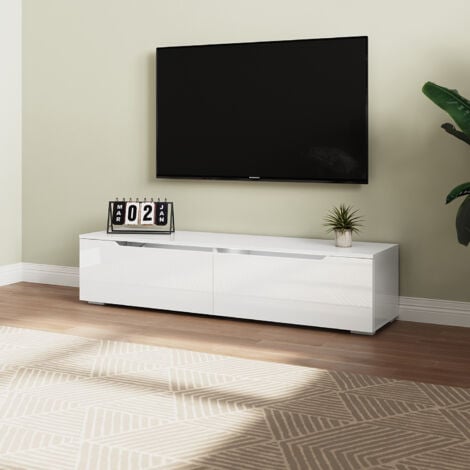 SIRHONA Mueble TV Suspendido Blanco Brillo con Luces 12 Colores,Mueble de Salón con LED Madera 2 Puertas Abatibles 140 cm