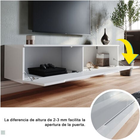 SIRHONA Mueble TV Suspendido Blanco Brillo con Luces 12 Colores,Mueble de Salón con LED Madera 2 Puertas Abatibles 140 cm