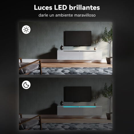 SIRHONA Mueble TV Suspendido Blanco Brillo con Luces 12 Colores,Mueble de Salón con LED Madera 2 Puertas Abatibles 140 cm