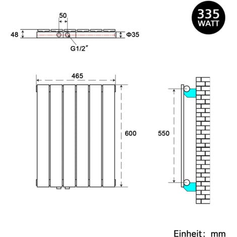 SONNI Radiateur eau chaude monocouche Blanc Vertical en acier 600x465 mm Radiateur chauffage central (335W)