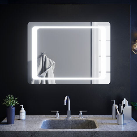 SIRHONA Espejo de Baño 60x80cm Espejo Baño con Iluminación LED,Espejo de Pared con Interruptor Táctil,Espejo de Pared con Accesorios,Espejo de Luz de Baño con ANTIVAHO Luz 