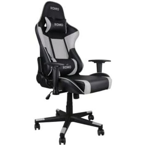 Profispieler-Stuhl Julieta. Schwarz-weiße Farbe, 180º Neigung, verstellbare  Höhe, Nacken- und Lendenwirbelkissen.