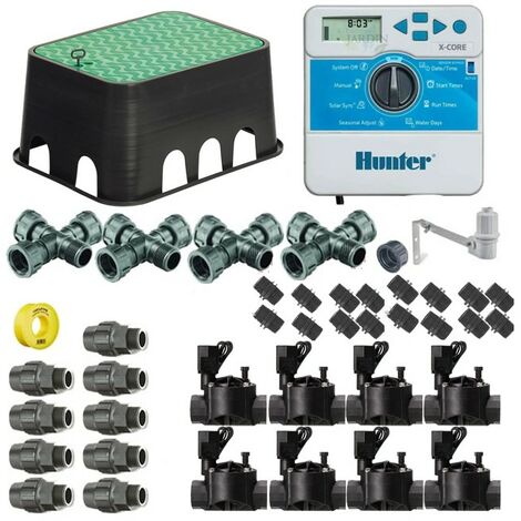 Hunter 24V 8-Zonen-Bewässerungsautomatik-Set für 20-mm-Rohre Inklusive Programmiergerät, Magnetventilen und Zubehör