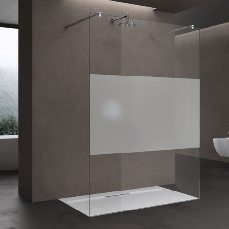 doporro Paroi de Douche à L'italienne Transparent avec Bande Opaque Verre 8mm Paroi 98x200cm Montage Réversible avec 2 Stabilisateurs Rectangulaires Bremen01MS