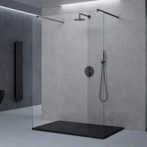 doporro Paroi de Douche à L'italienne Transparent 100 cm Verre 8mm Paroi 98x200cm Montage Réversible avec 2 Stabilisateurs Rectangulaires Noir Bremen01K