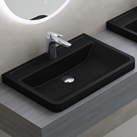 doporro Lavabo à Encastrer Noir Mat Vasque en Solid Surface Lave Mains Rectangulaire de Qualité pour Salle de Bain 60x42x14,5cm Colossum08
