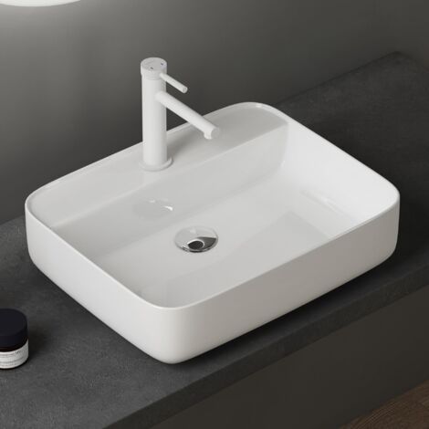 Doporro – Vasque à poser en céramique rectangulaire blanche 385x385x140 mm – Lave mains sans trop-plein – Perçage pour robinet standard - ssel107