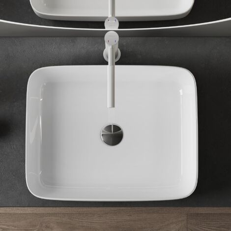 doporro Lavabo Vasque à Poser Blanc 38,5x38,5x14 cm Lave Mains Carré en Céramique Revêtement NANO Easy Clean Brüssel106