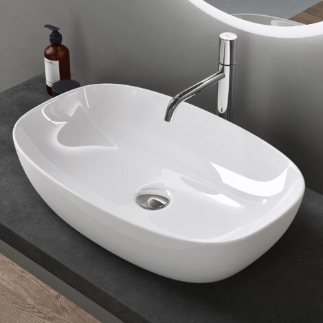 doporro Lavabo Vasque à Poser Blanc 60x39,5x14 cm Lave Mains Ovale en Céramique Revêtement NANO Easy Clean Brüssel104