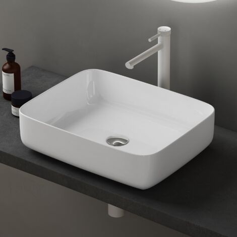 doporro Lavabo Vasque à Poser Blanc 50x40x13,5 cm Lave Mains Rectangulaire en Céramique Revêtement NANO Easy Clean Brüssel106 (1/5)