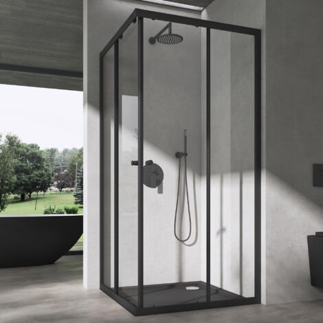 doporro Cabine de Douche Noir en Angle Transparent 90x90cm Paroi de Douche Hauteur de 190cm Portes Coulissantes Montage Réversible Receveur de Douche Inclus Ravenna16K-Plus (1/5)
