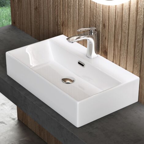 Doporro – Vasque à poser/suspendre blanche en céramique 60x36x13cm – Rectangulaire avec trop-plein – Installation facile pour salle de bain moderne - ssel206
